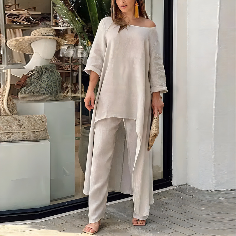 Linen Pant Wide - Damen Zweiteiler-Set mit Langarm-Oberteil und Hose,