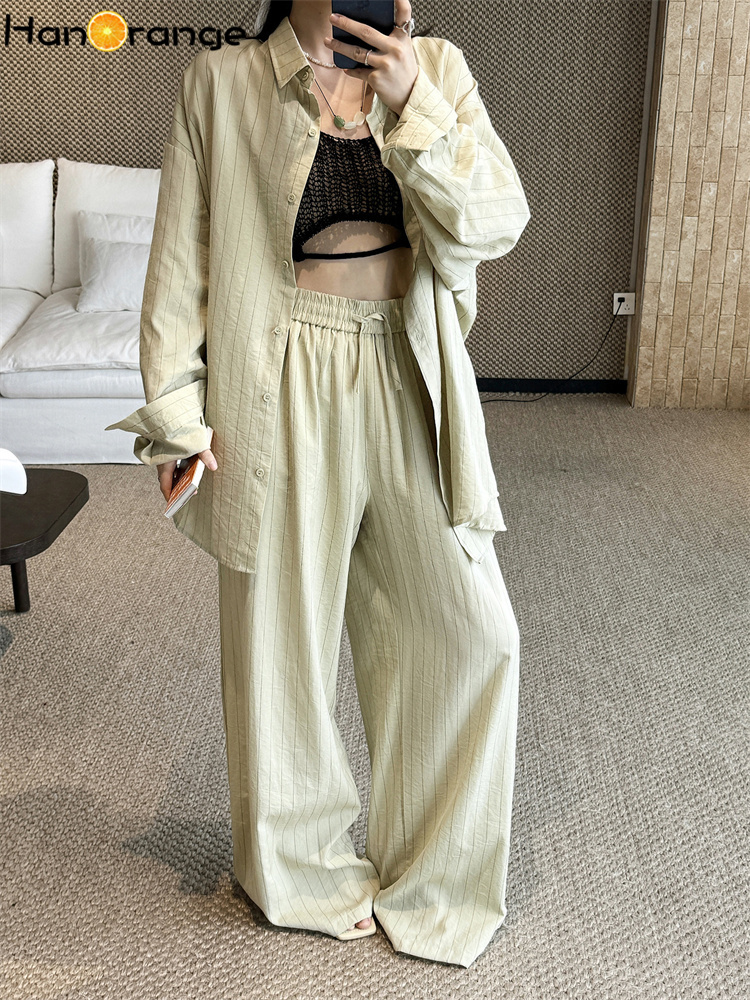 Linen Pant Wide - HanOrange 2026 Sommer Leinen-Streifen-Hosen-Set Damen Lockeres