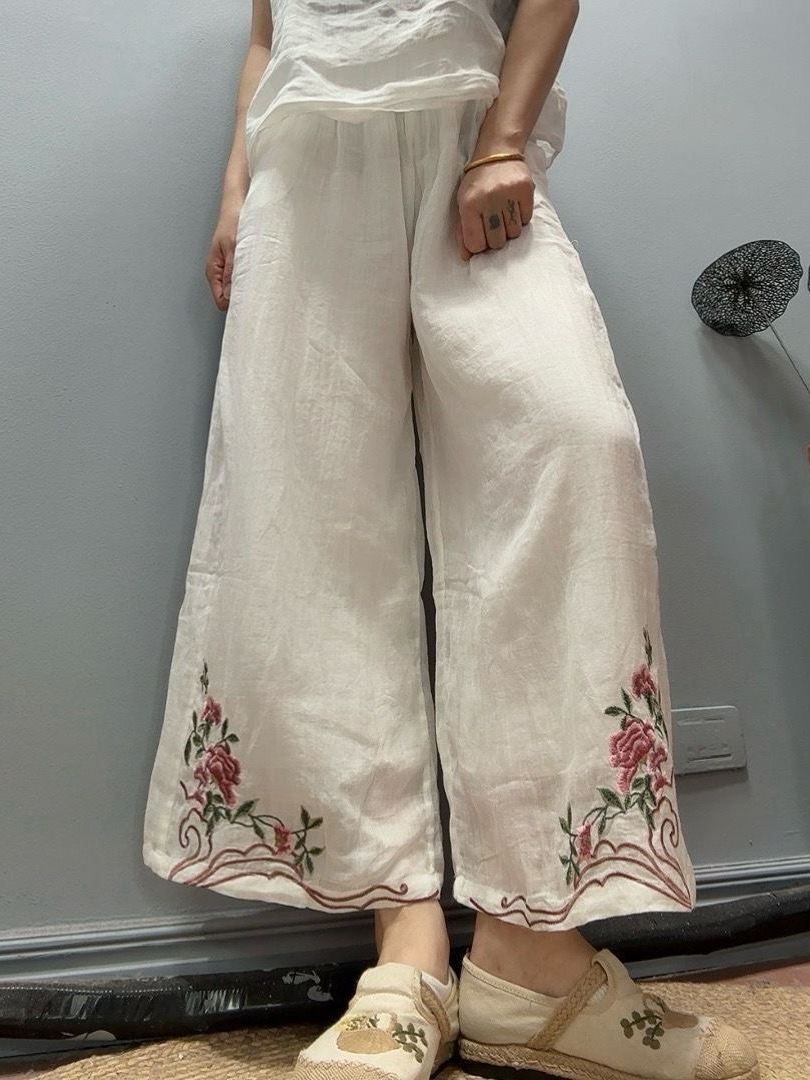 Linen Pant Wide - Retro Baumwoll-Leinen Bestickte Nine-Five Weite Hose