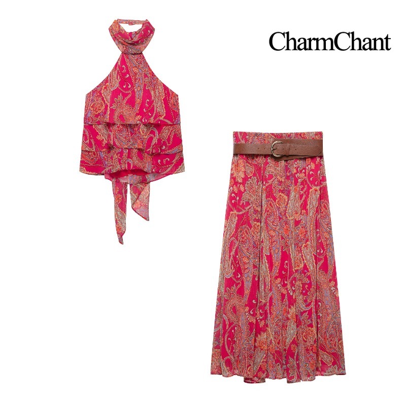Midi Skirt Floral - CHARMCHANT Damen Paisley-Print Neckholder Rüschen Ärmelloses