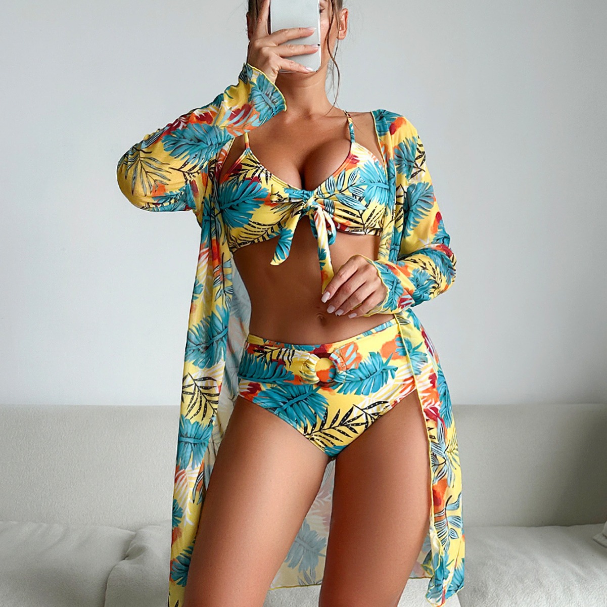 Kimono Sheer Floral - 3-teiliger Damen-Badeanzug mit Blumenmuster, Bikini-Oberteil mit