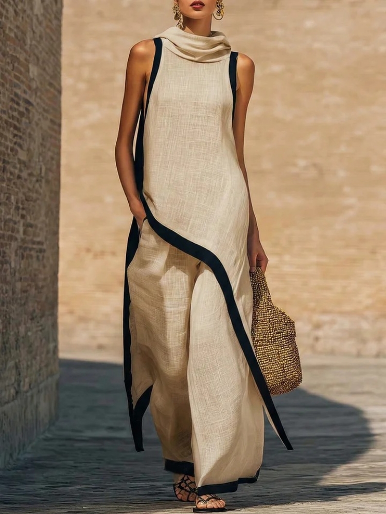 Linen Pant Wide - Damen-Set aus Leinen mit Kontrastfarben, ärmelloses