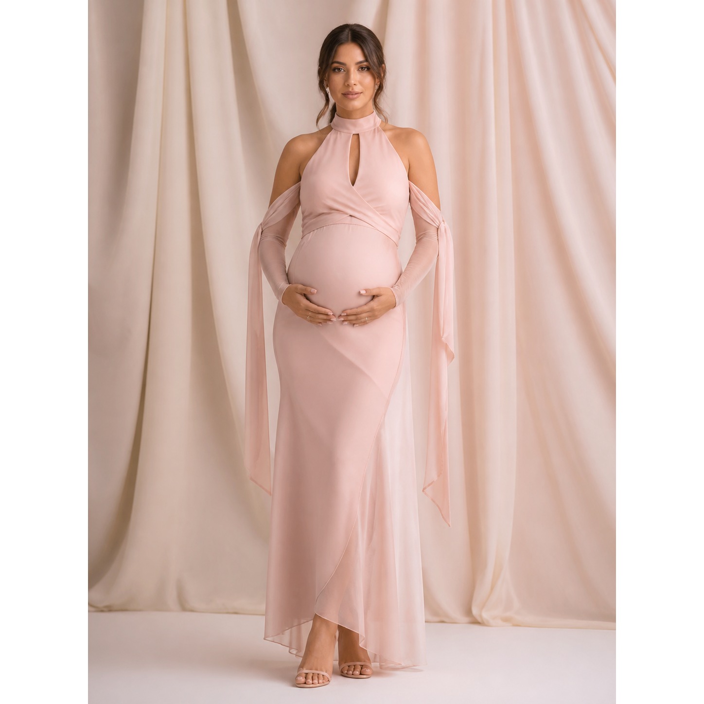 Maxi Dress Halter - Rosa Neckholder-Umstandskleid für Babyparty, Umstands-Maxikleid ZX021